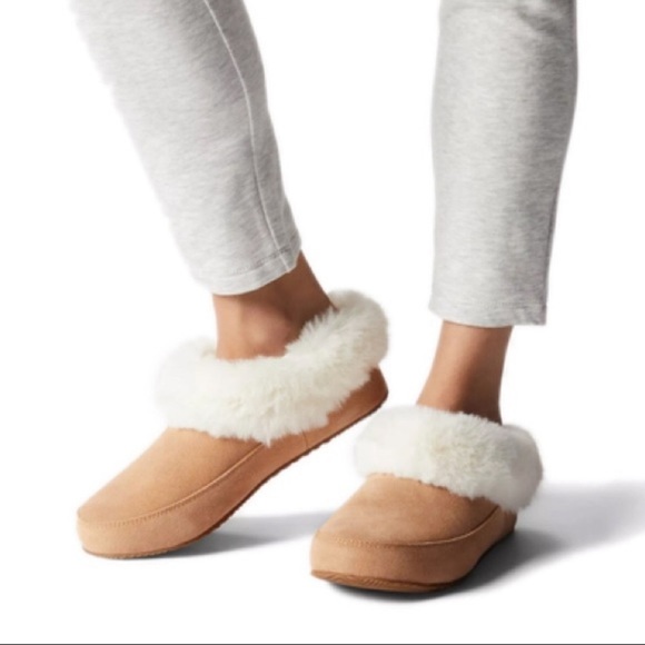 Sorel Women’s Go Coffee Run Slippers Tan Suede Leather Fur Slip On Shoes Nwt - Picture 4 of 16